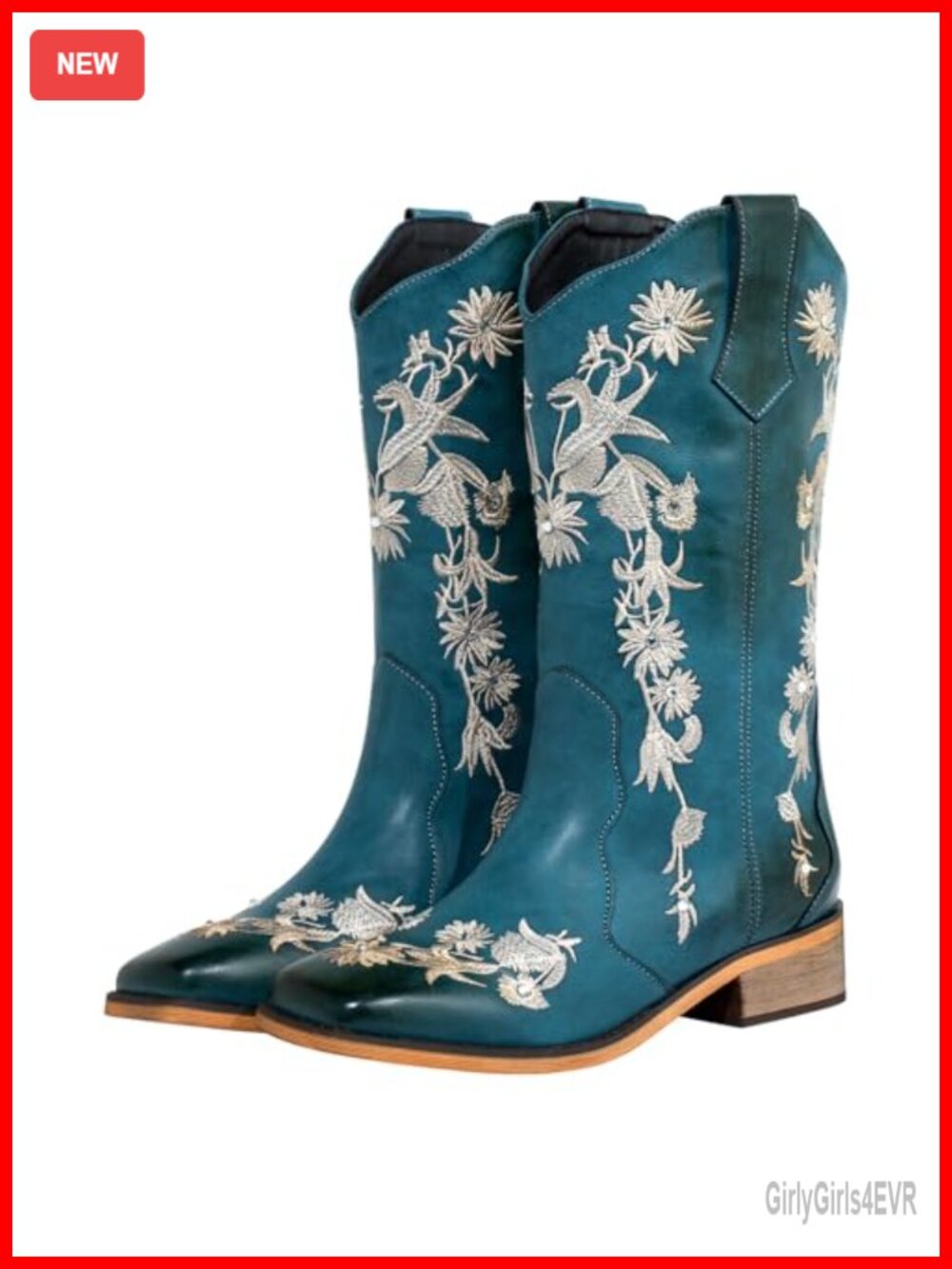 Women's Faux Leather Floral Rhinestone Square Toe Cowboy Boots - Wide Calf